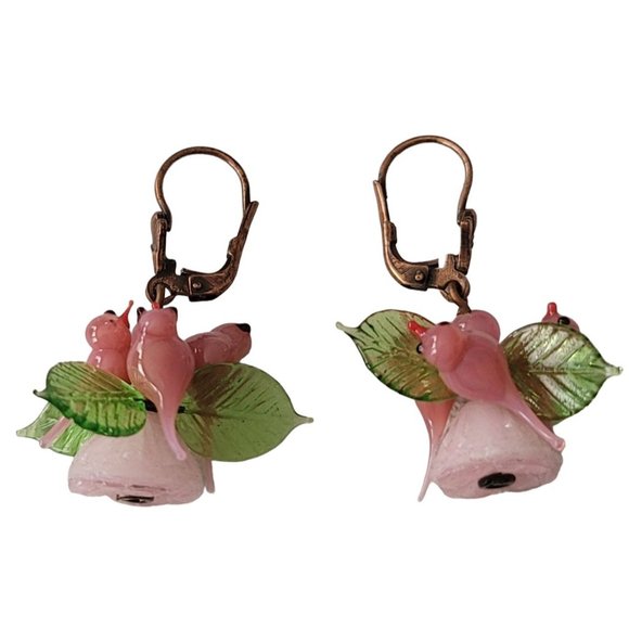Czech Pink Glass Bird, Leaves Leverback Earrings E78 - Picture 7 of 7
